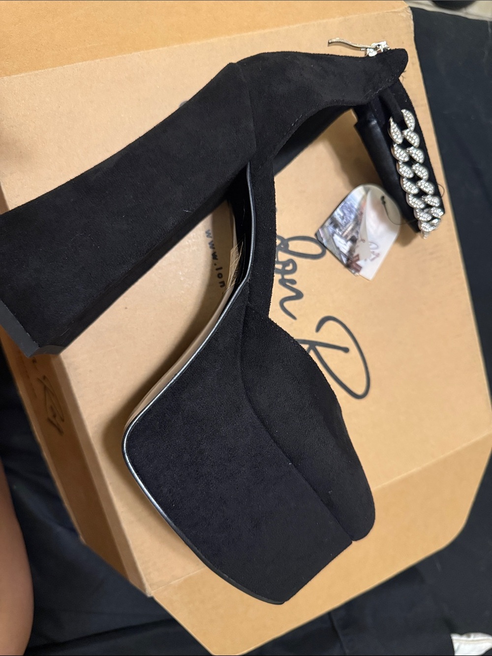 Black Suede Platform Block Heels with Crystal Chain Detail